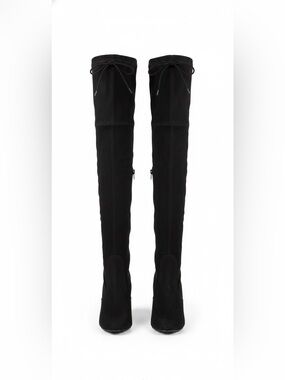 Christian Siriano Black Thigh-High Faux Suede Block Heels Size 6 with Tie Top